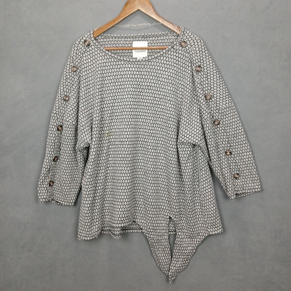 New York Laundry Sweater Womens 1X Black Gray Printed Stretch Knotted Front